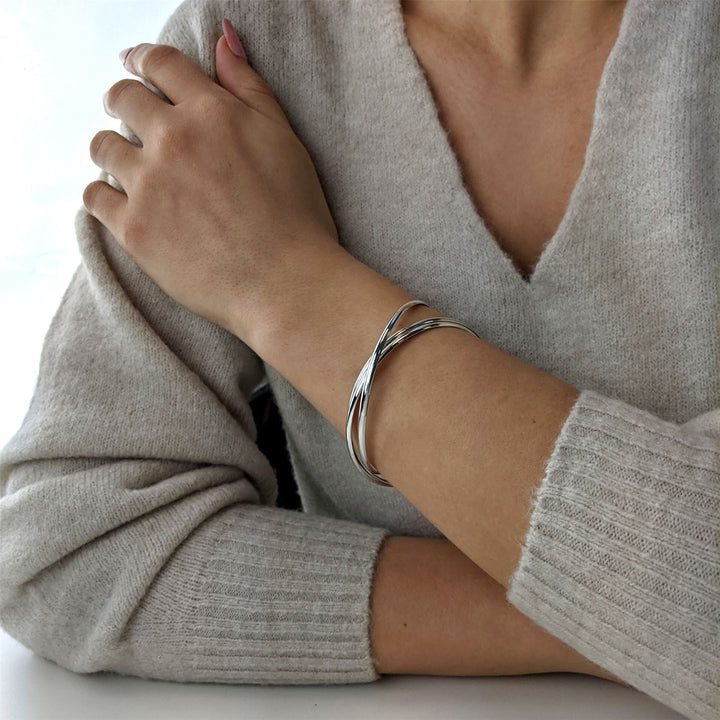 Sterling silver Russian wedding bangle — slip-on triple bangle worn on wrist