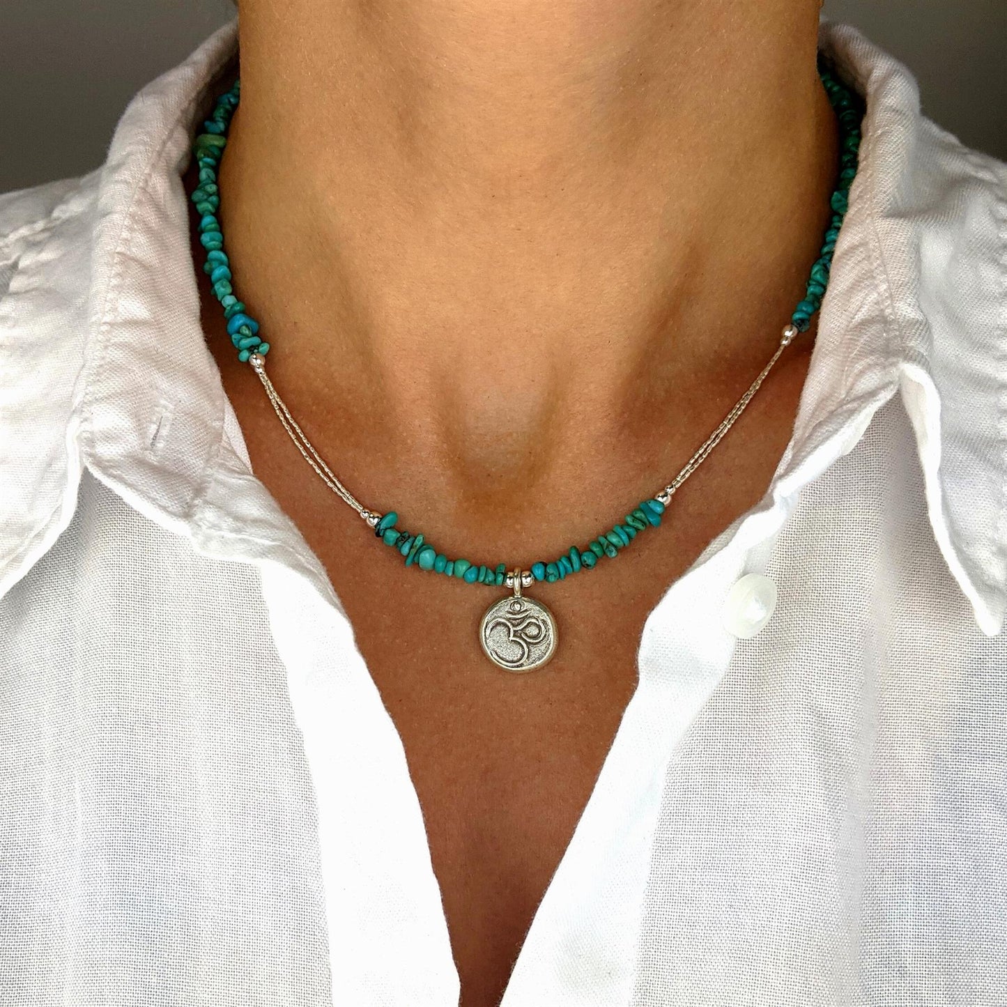 
                  
                    Sterling SIlver Turquoise Om Aum Bead Pendant Beaded Strand Necklace
                  
                