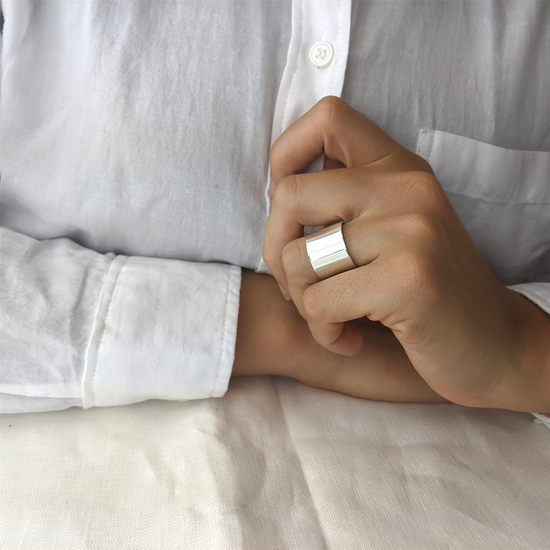 Sterling Silver Wide Band Cigar Ring - Chunky Flat-Edge Design
