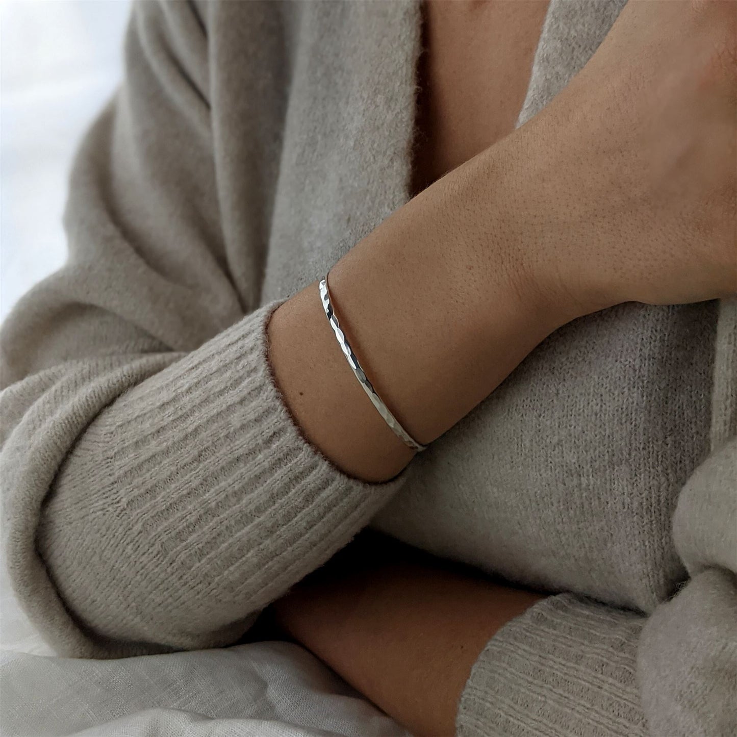 
                  
                    Sterling Silver Hammered Round Minimalist Thin Bangle for Stacking
                  
                