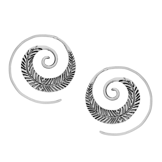 Sterling Silver Round Feather Leaf Tribal Spiral Threader Earrings