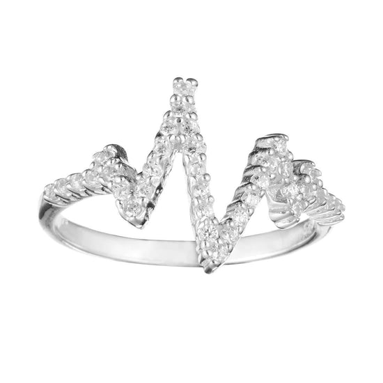 Sterling Silver Cubic Zirconia Pave Sparkly Heartbeat Zig Zag Ring