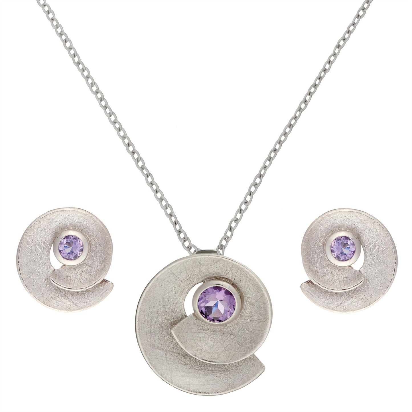Sterling Silver Amethyst Spiral Round Shell Set - Silverly