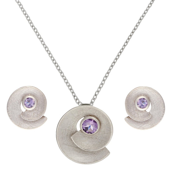 Sterling Silver Amethyst Spiral Round Shell Set - Silverly