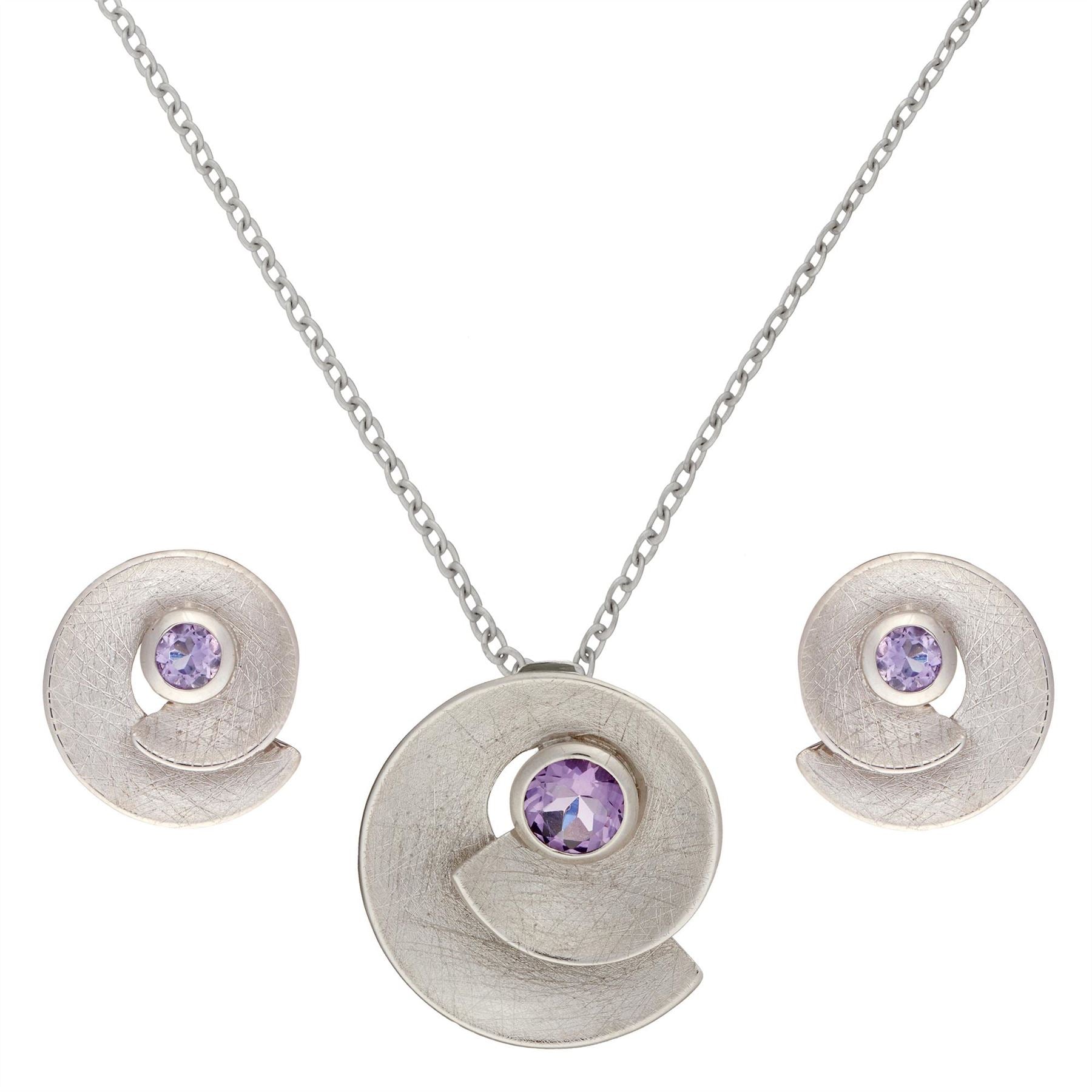 Sterling Amethyst Spiral Seashell Jewellery Set Brushed Finish Design