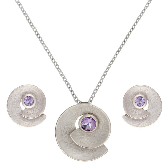 Sterling Silver Brushed Amethyst Round Spiral Shell Jewellery Set