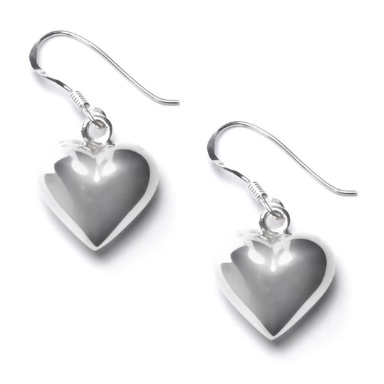 Sterling Silver Puffy Puffed Love Heart Drop Earrings With Hooks