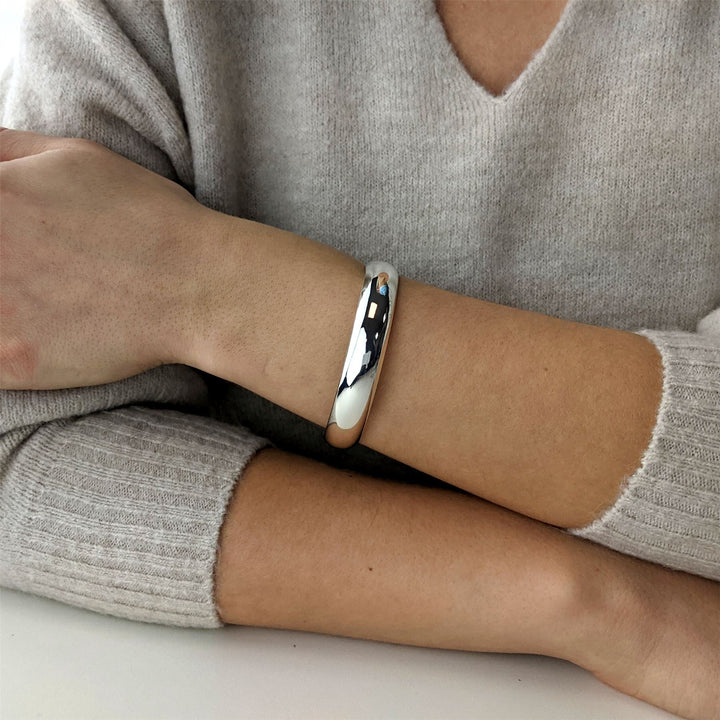 Chunky sterling silver bangle bracelet — wide 12mm D-shape band design