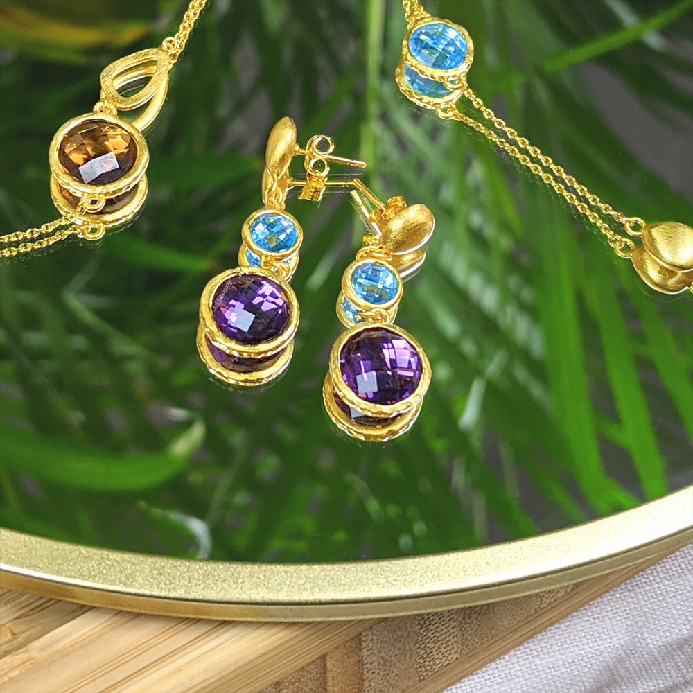 
                  
                    Gold Plated Sterling Silver Dangle Earrings With Purple & Blue Beads
                  
                