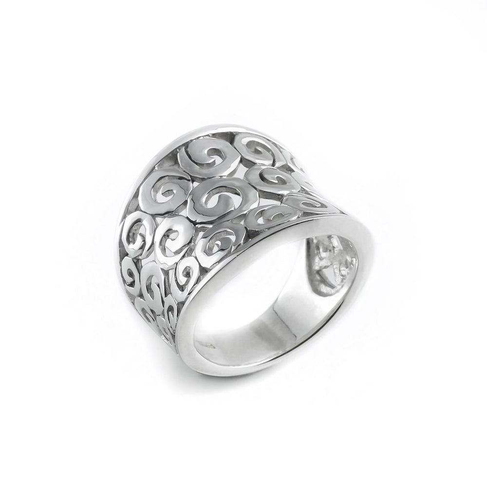 Sterling Silver Cut-Out Spiral Swirl Filigree Ring Wide Concave Band