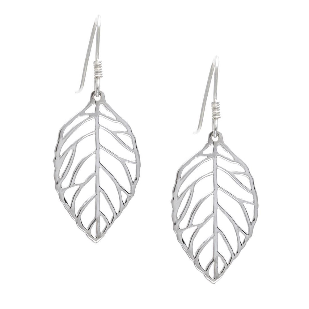 Sterling Silver Cut-Out Leaf Dangle Earrings With Hooks Nature Design