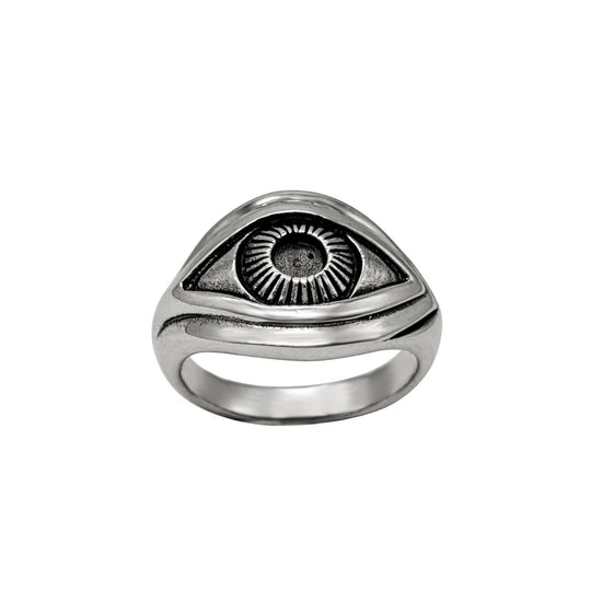 
                    
                      Close-up of grooved iris detail on sterling silver eye ring — gothic eyeball jewellery
                    
                  