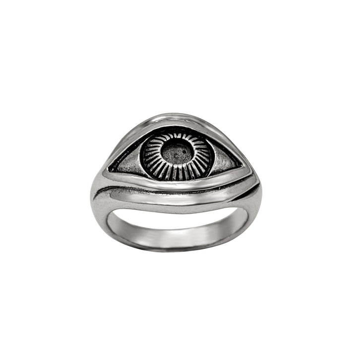 Close-up of grooved iris detail on sterling silver eye ring — gothic eyeball jewellery