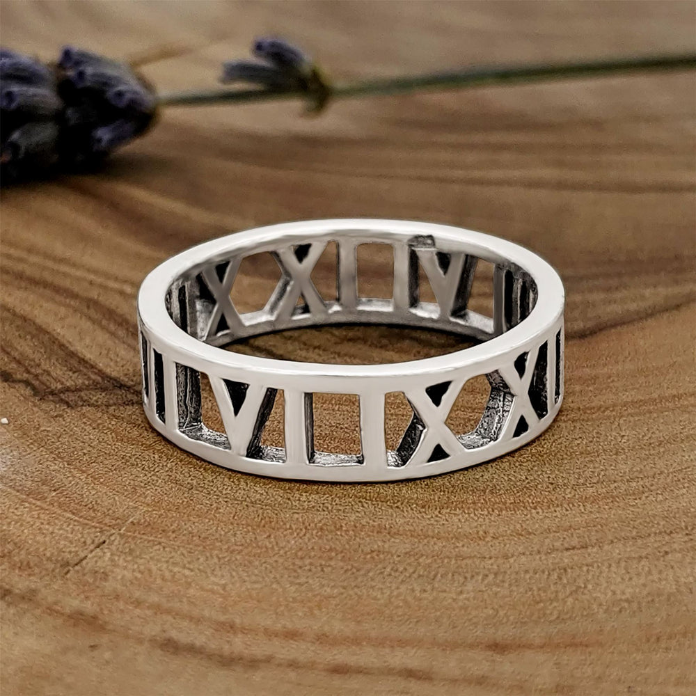 
                  
                    Sterling Silver Roman Numerals Ring Classic Band Hollow-Out Design
                  
                