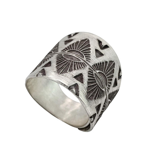 Hill Tribe Silver Tribal Wide Geometric Mountain Adjustable Ring