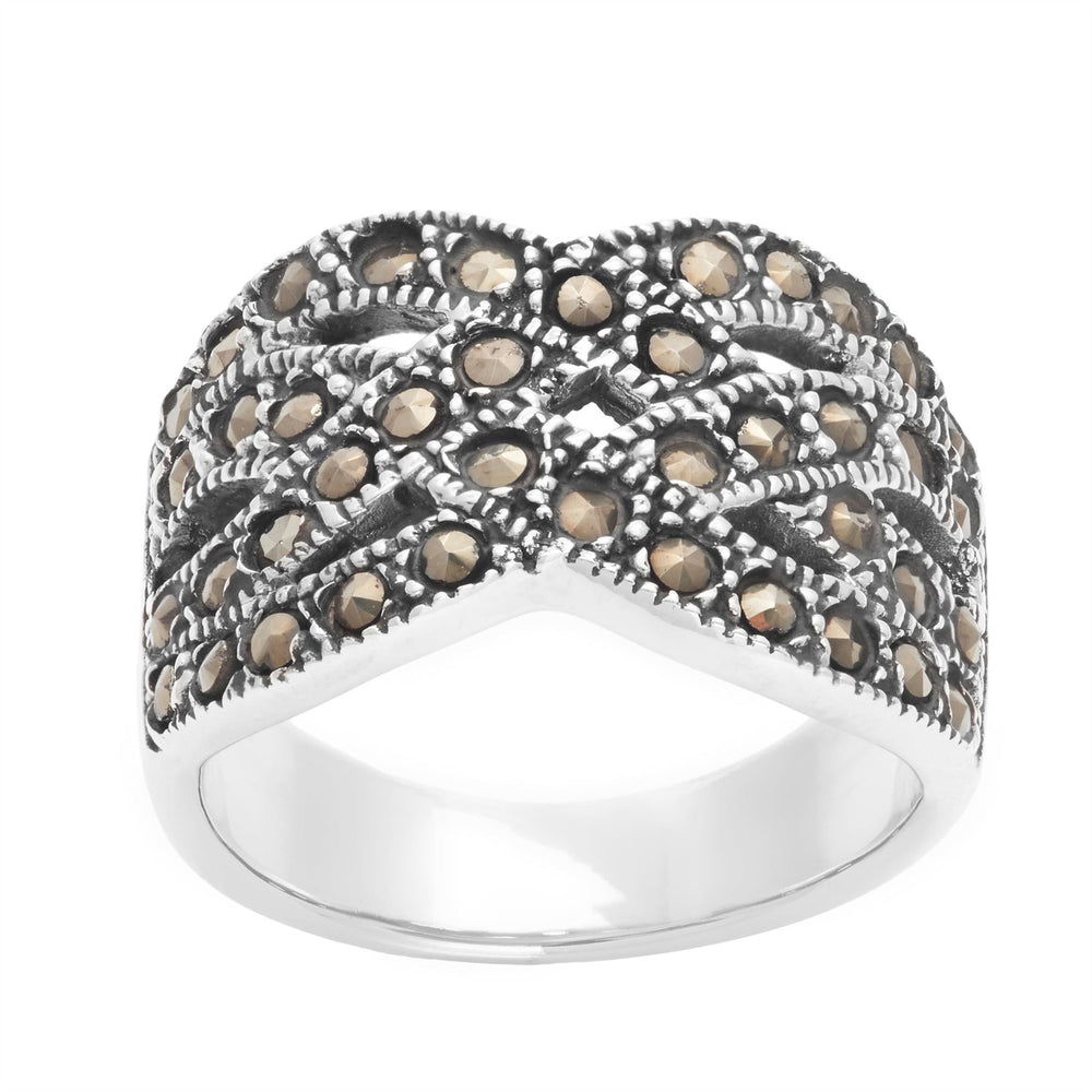 Sterling Silver Marcasite Wide Band Multi-Layer Crossover Braided Ring