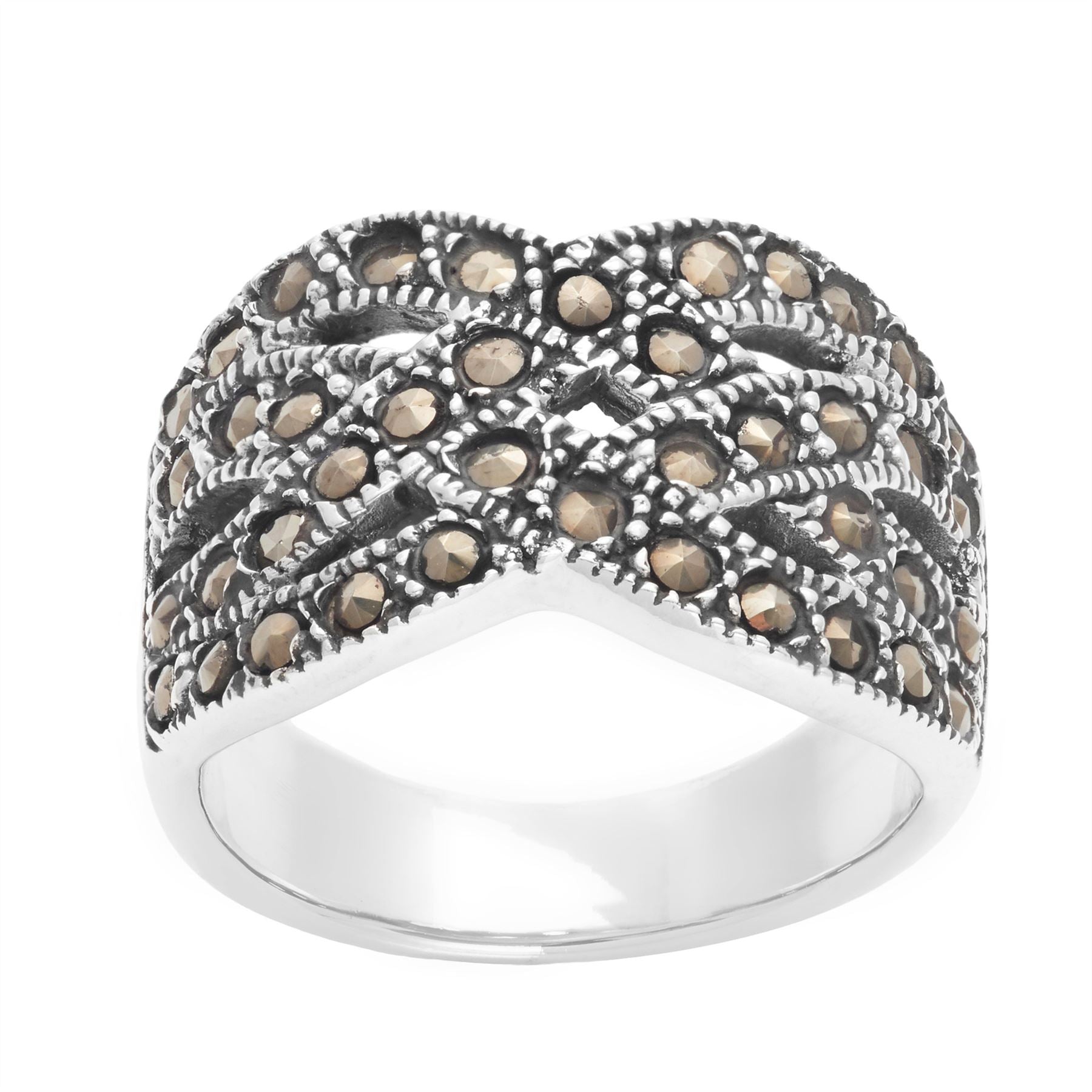Sterling Marcasite Wide Band Multi Layer Crossover Braided Ring