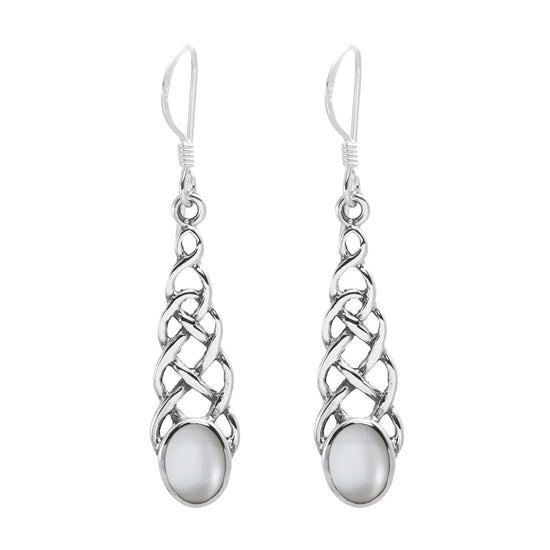 Sterling silver Celtic knot teardrop earrings with mother of pearl — long knotwork drops