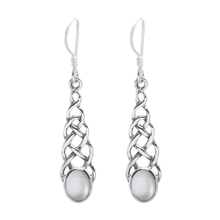 Sterling silver Celtic knot teardrop earrings with mother of pearl — long knotwork drops