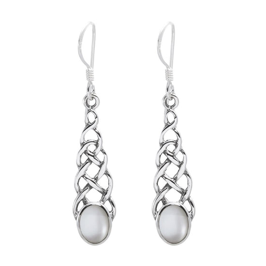 Sterling Silver Long Celtic Knot Earrings With Mother of Pearl