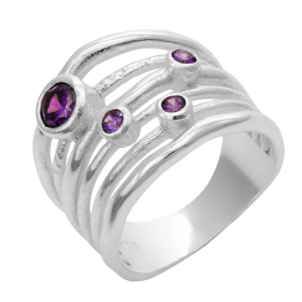 Sterling Silver Purple Cubic Zirconia Wide Chunky Multi Band Ring