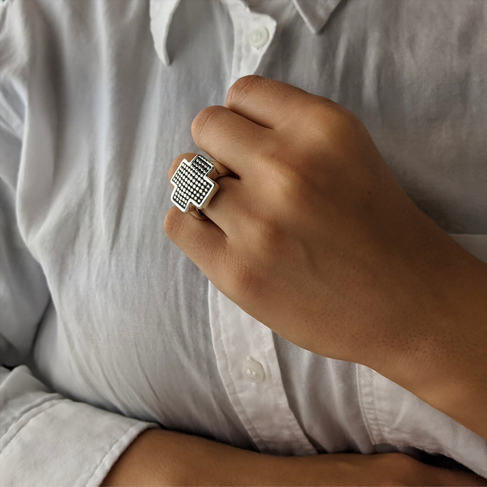 
                  
                    Sterling Silver Extra Chunky Dotted Greek Cross Ring Thick Band
                  
                