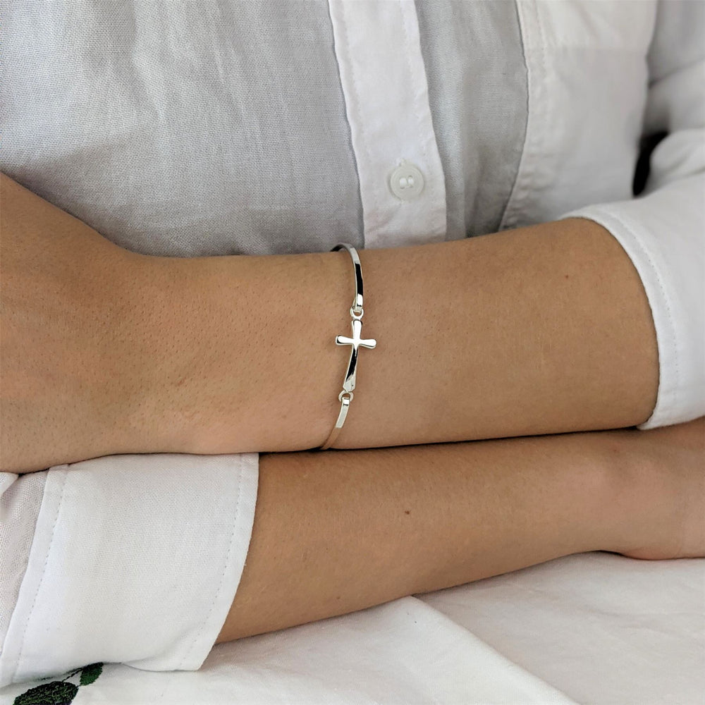
                  
                    Sterling Silver Thin Elegant Medieval Cross Bangle With Hook Clasp
                  
                