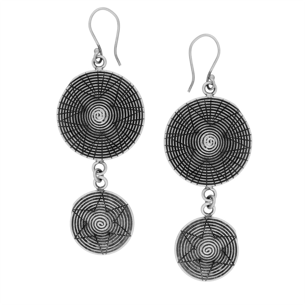 Karen Hill Tribe Silver Double Disc Earrings With Spiral Star Motif
