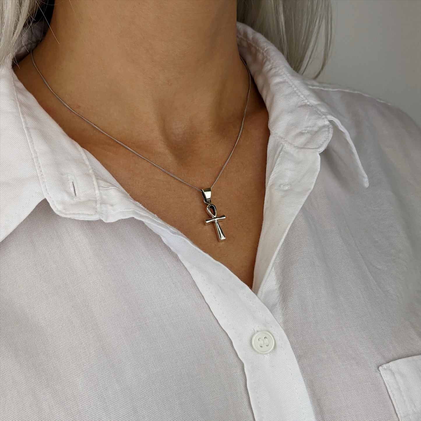 Sterling Silver Small Chunky Egyptian Ankh Cross Pendant Necklace | Silverly