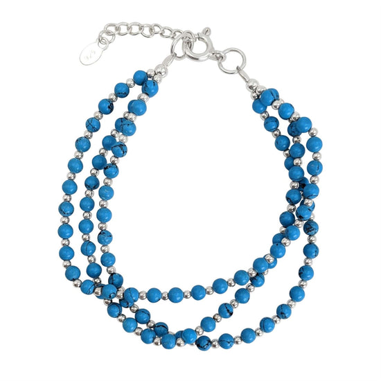 Sterling Silver Turquoise Bracelet Triple Strand Blue Beaded Chain