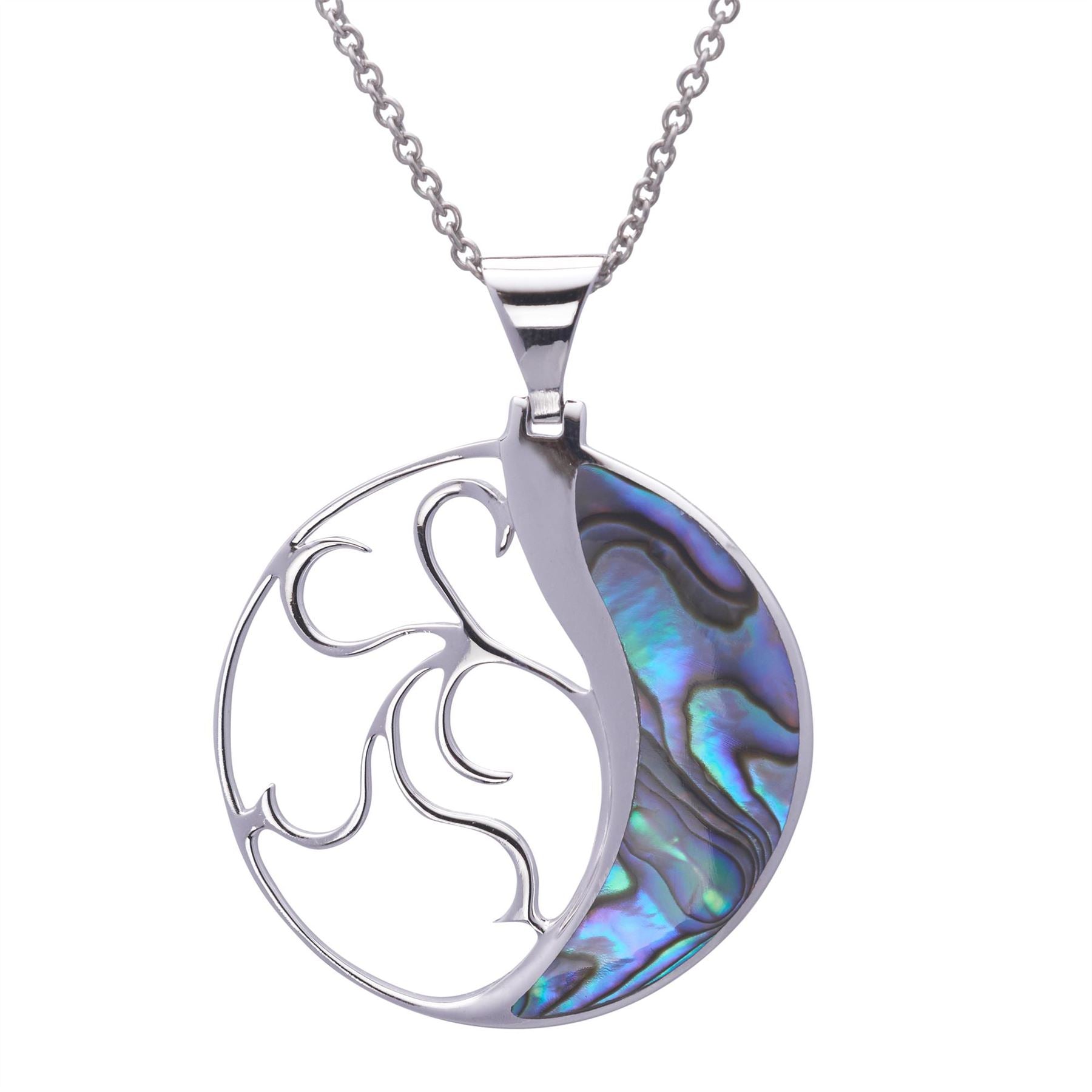 Sterling Abalone Shell Large Round Filigree Pendant Necklace
