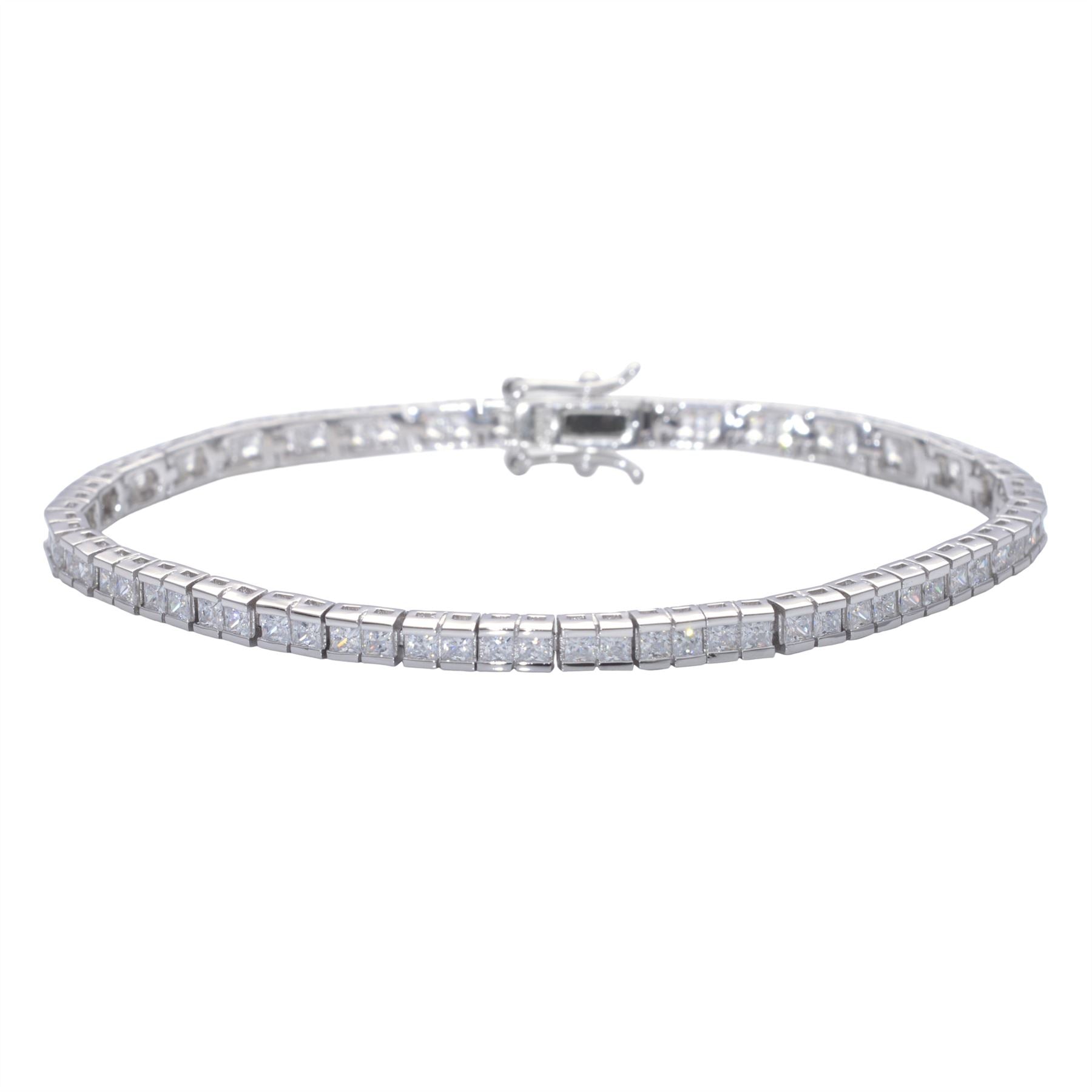 Sterling Square Cubic Zirconia Tennis Bracelet Box Clasp