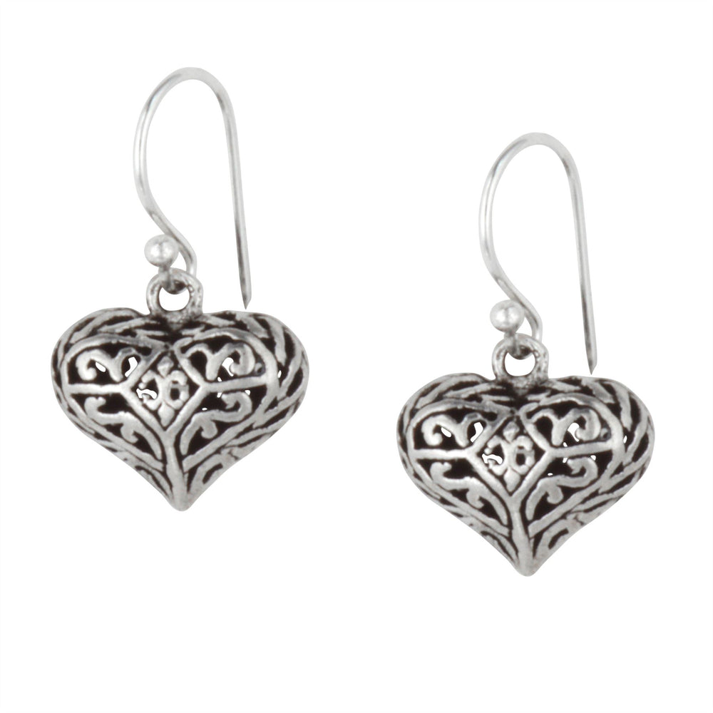 Sterling Silver Filigree Hollow Puffed Heart Dangle Earrings