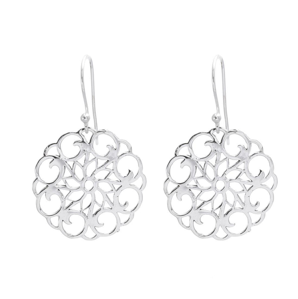 Sterling Silver Round Filigree Flower Disc Dangle Earrings With Hooks