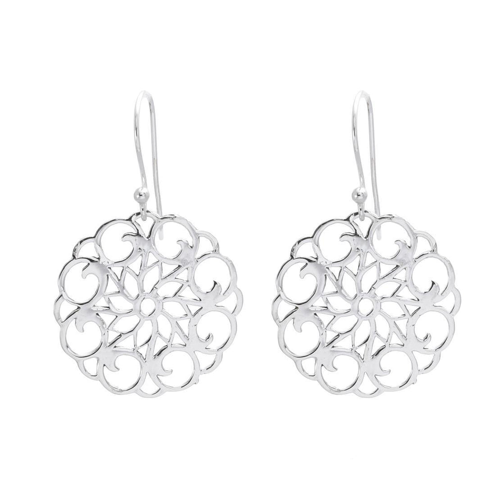 Sterling Silver Round Filigree Flower Disc Dangle Earrings With Hooks