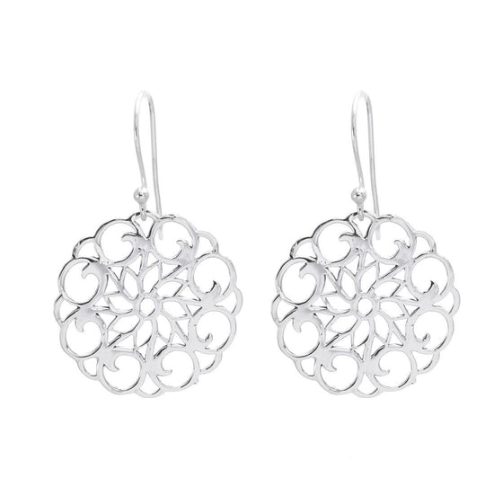 Sterling Silver Round Filigree Flower Disc Dangle Earrings With Hooks