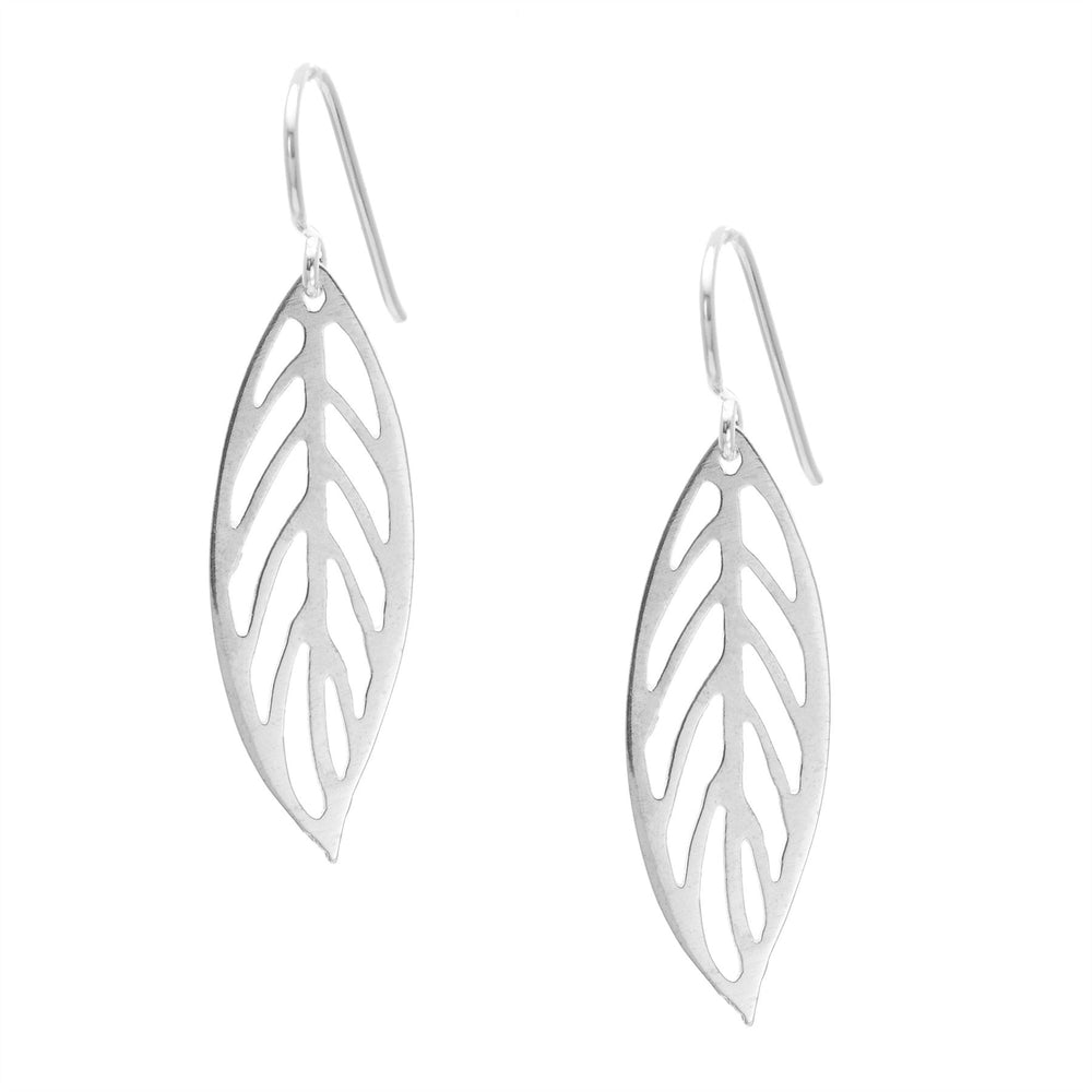 Sterling Silver Simple Cut-Out Flat Leaf Shaped Drop Earrings