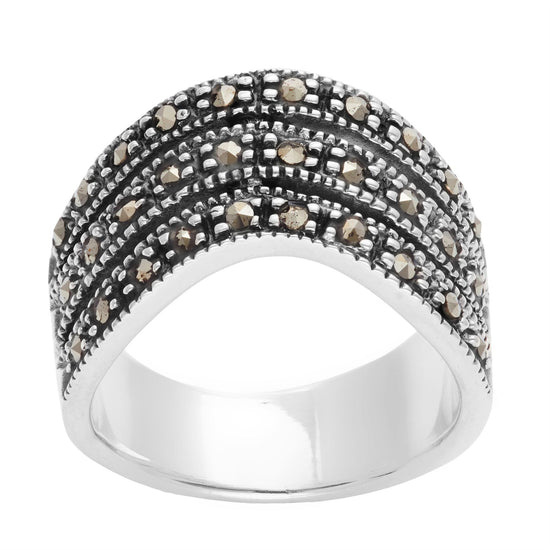 Sterling Silver Marcasite Wide Multi-Layer Triple Curve Chevron Ring