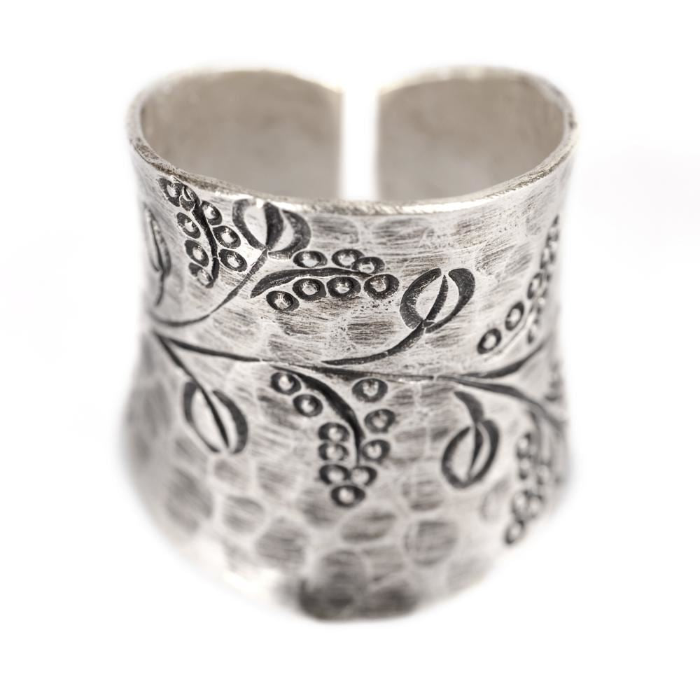 Karen Hill Tribe Silver Wide Coffee Bean Engraved Adjustable Ring