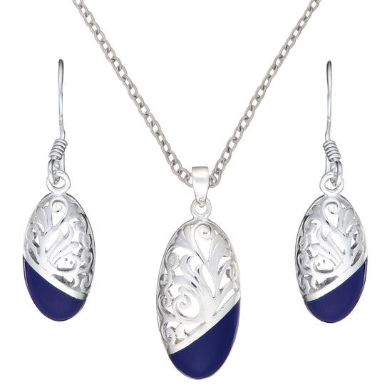 Sterling Silver Vintage Style Blue Dipped Oval Filigree Jewellery Set