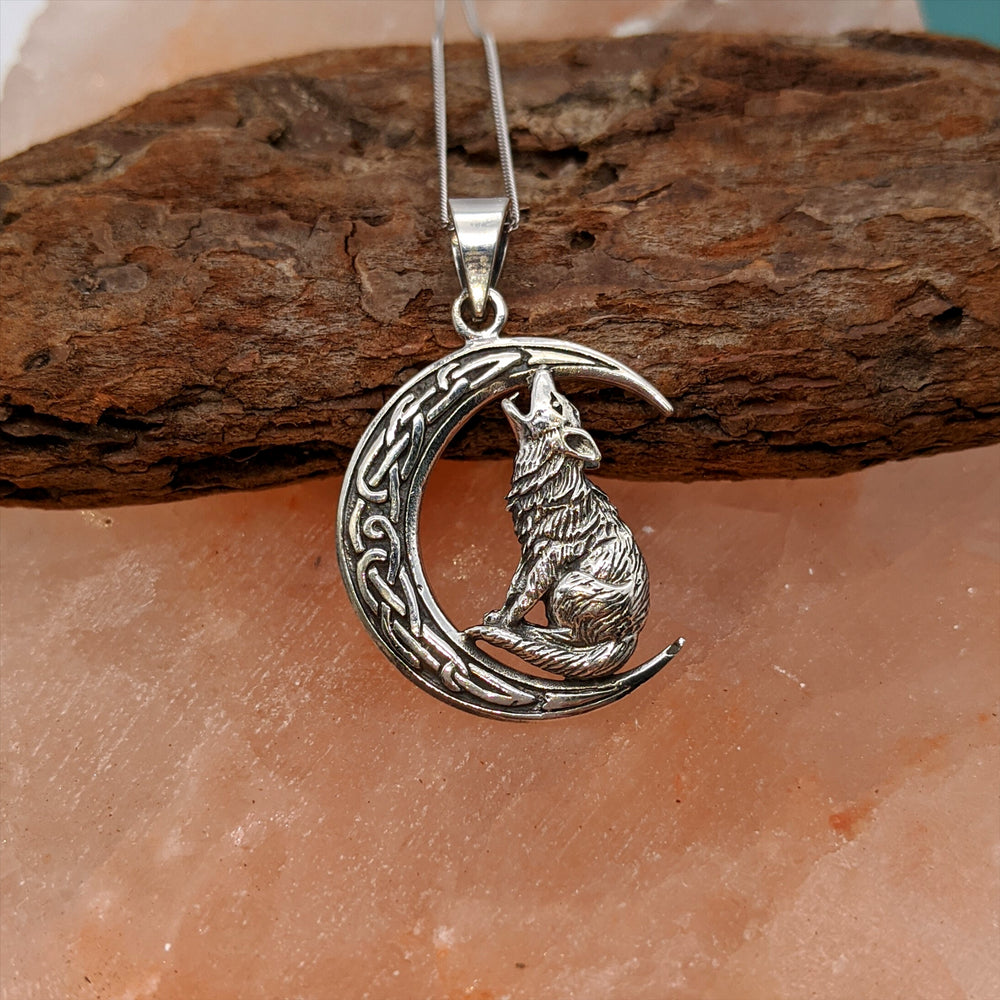 
                  
                    Sterling Silver Large Wiccan Howling Wolf Celtic Moon Pendant Necklace
                  
                