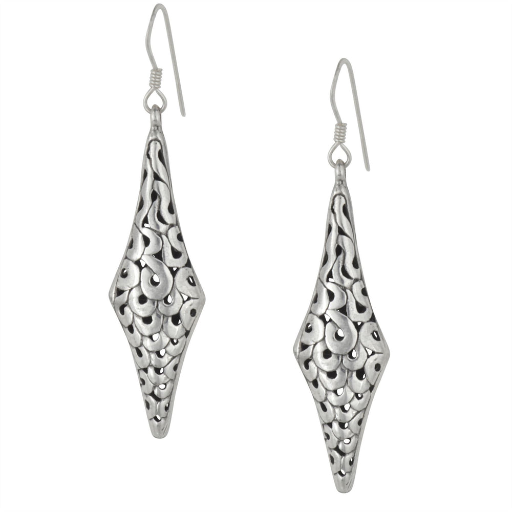 Sterling Silver Diamond Shaped Filigree Swirls Hollow Dangle Earrings