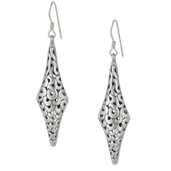 Sterling Silver Hollow Diamond Shaped Dangle Earrings With Openwork Swirls