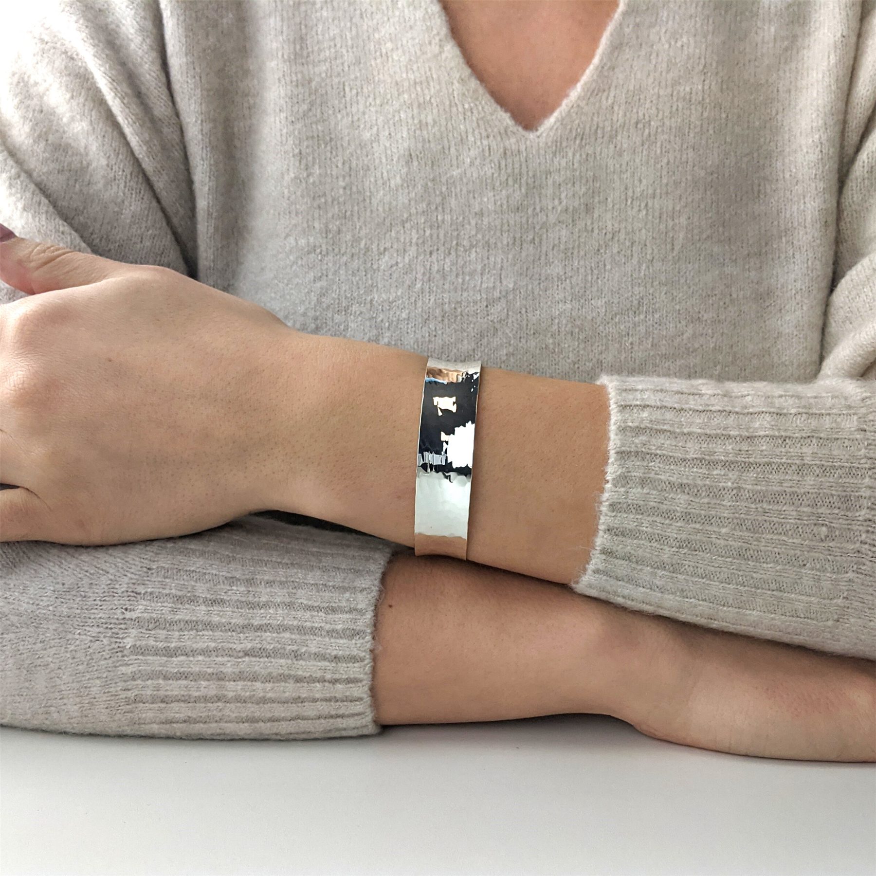Sterling Silver Wide Hammered Bangle | Real 925 | Silverly