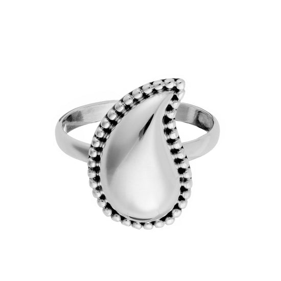 Sterling Silver Indian Paisley Leaf Ring - Granulated Puffed Teardrop
