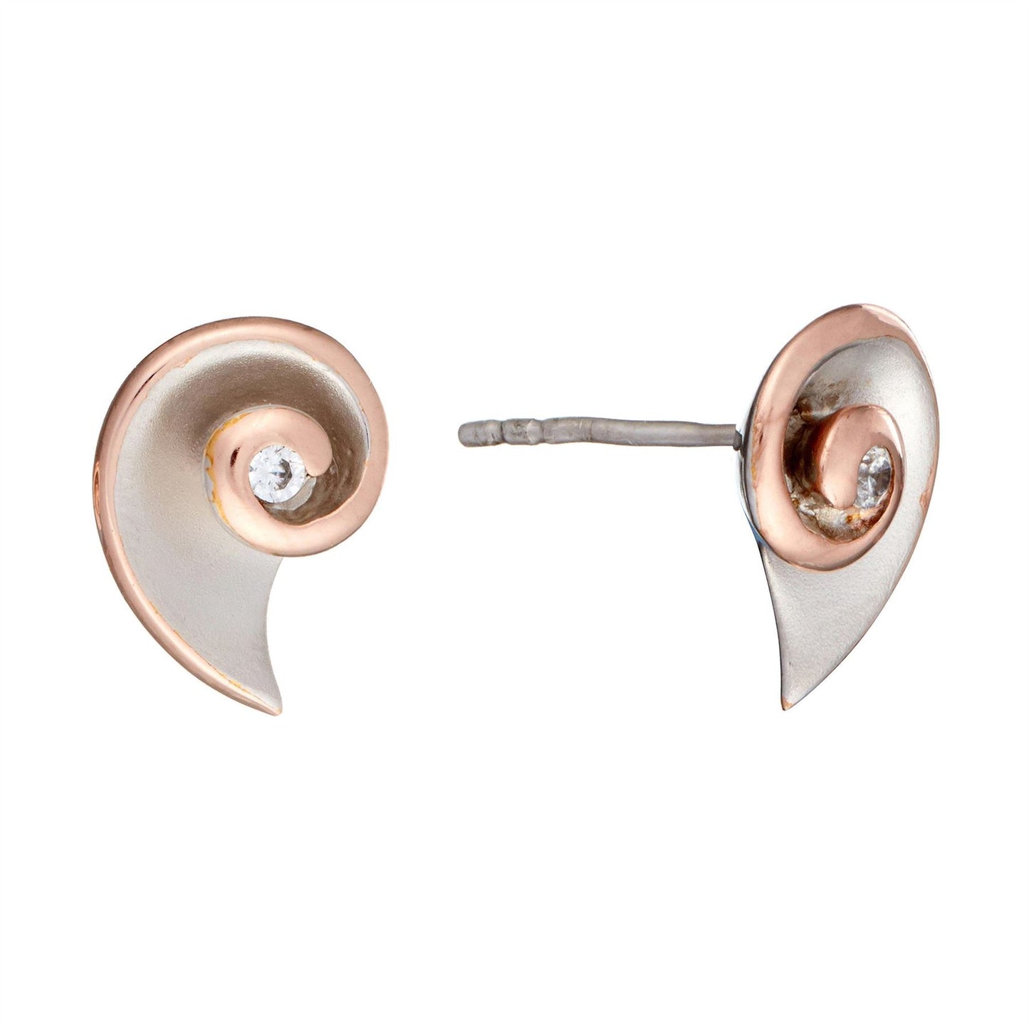 Rose Gold Plated Sterling Silver CZ Round Spiral Shell Stud Earrings - Silverly