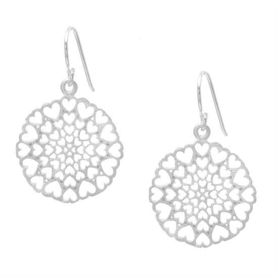 Sterling Silver Satin Finish Round Kaleidoscope Heart Dangle Earrings