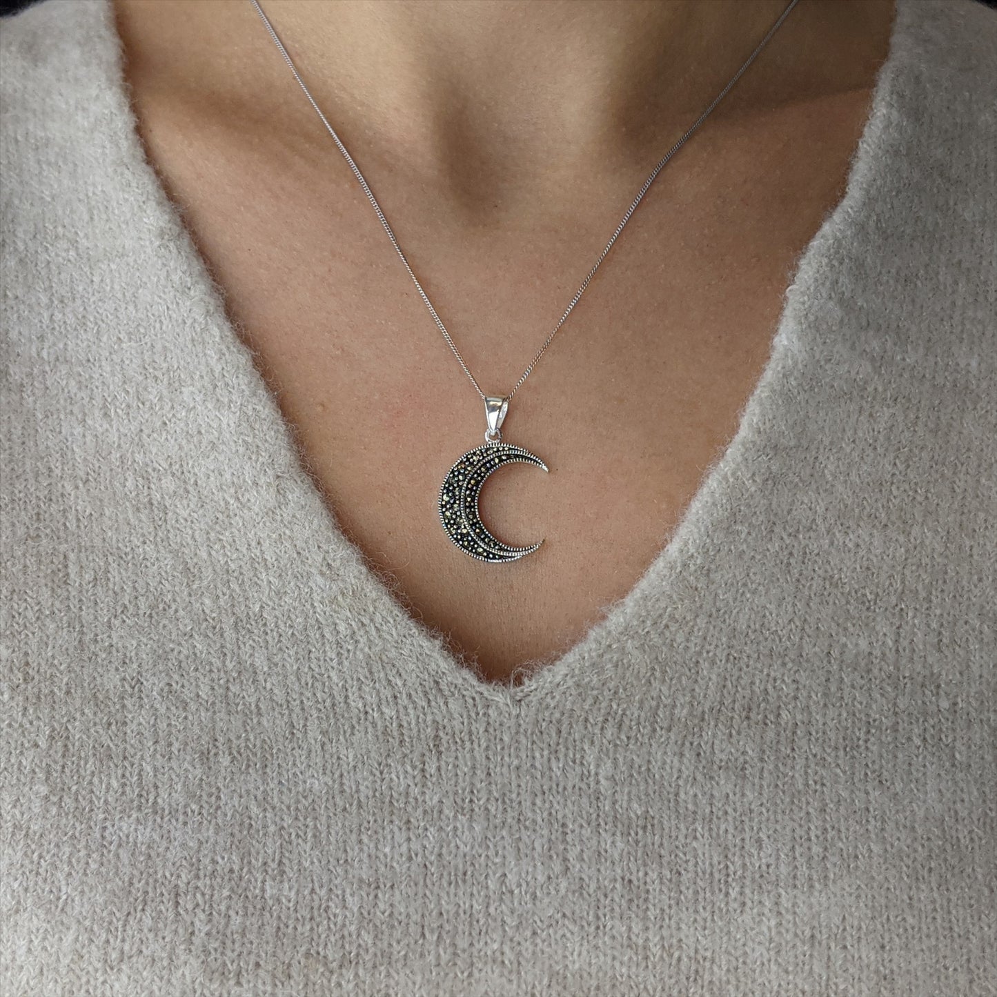 Sterling Silver Marcasite Crescent Moon Pendant Unique Wiccan Necklace