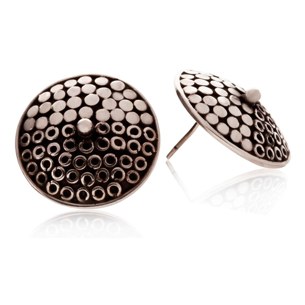 Sterling Silver Oxidised Large Round Disc Tribal Stud Earrings