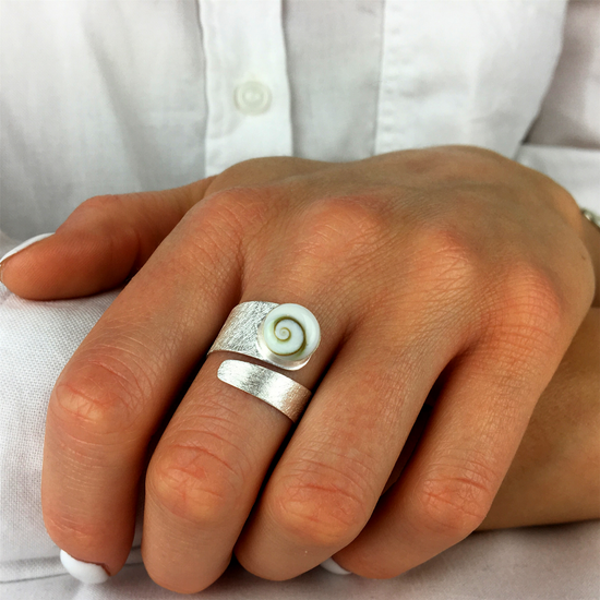 Sterling silver Shiva Eye shell wrap ring — satin finish adjustable band